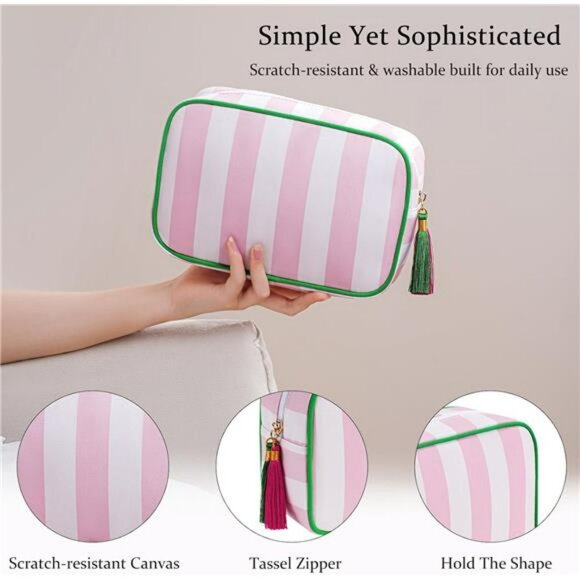 Large stripe canvas makeup bag tassel travel cosmetic toiletry storage bag pink - Picture 4 of 7